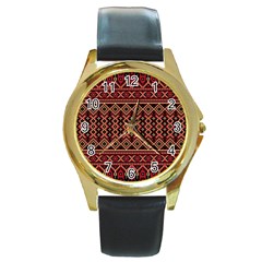 Illustration Ukrainian Folk Seamless Pattern Ornament Round Gold Metal Watch