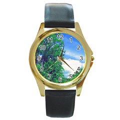 The Deep Blue Sky Round Gold Metal Watch by Fractalsandkaleidoscopes