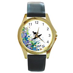 Nature Surfing Round Gold Metal Watch by Sparkle