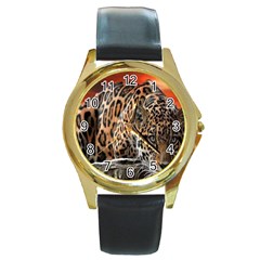 Nature With Tiger Round Gold Metal Watch by Sparkle