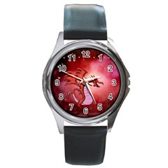 Funny Cartoon Dragon With Butterflies Round Metal Watch by FantasyWorld7