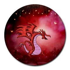 Funny Cartoon Dragon With Butterflies Round Mousepads by FantasyWorld7