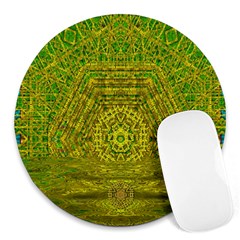 Gold Golden Sunset Mandala Round Mousepads by pepitasart