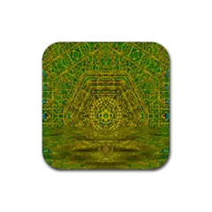 Gold Golden Sunset Mandala Rubber Coaster (square)  by pepitasart