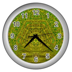 Gold Golden Sunset Mandala Wall Clock (silver) by pepitasart