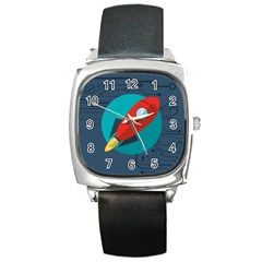 Rocket With Science Related Icons Image Square Metal Watch by Vaneshart