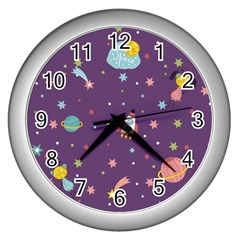 Space Travels Seamless Pattern Vector Cartoon Wall Clock (silver) by Vaneshart