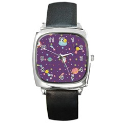 Space Travels Seamless Pattern Vector Cartoon Square Metal Watch by Vaneshart