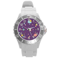 Space Travels Seamless Pattern Vector Cartoon Round Plastic Sport Watch (l) by Vaneshart