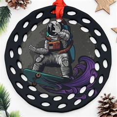 Illustration Astronaut Cosmonaut Paying Skateboard Sport Space With Astronaut Suit Round Filigree Ornament (two Sides) by Vaneshart