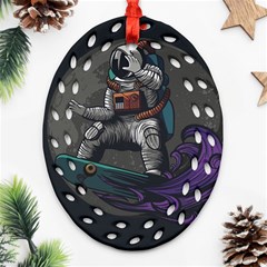 Illustration Astronaut Cosmonaut Paying Skateboard Sport Space With Astronaut Suit Oval Filigree Ornament (two Sides) by Vaneshart