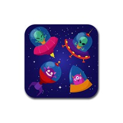 Cartoon Funny Aliens With Ufo Duck Starry Sky Set Rubber Square Coaster (4 Pack)  by Vaneshart