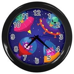 Cartoon Funny Aliens With Ufo Duck Starry Sky Set Wall Clock (black) by Vaneshart