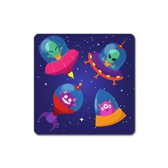 Cartoon Funny Aliens With Ufo Duck Starry Sky Set Square Magnet by Vaneshart