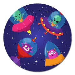 Cartoon Funny Aliens With Ufo Duck Starry Sky Set Magnet 5  (round) by Vaneshart