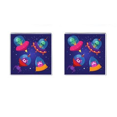 Cartoon Funny Aliens With Ufo Duck Starry Sky Set Cufflinks (square) by Vaneshart