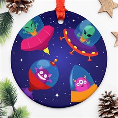 Cartoon Funny Aliens With Ufo Duck Starry Sky Set Round Ornament (two Sides) by Vaneshart