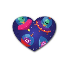 Cartoon Funny Aliens With Ufo Duck Starry Sky Set Rubber Coaster (heart)  by Vaneshart