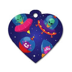 Cartoon Funny Aliens With Ufo Duck Starry Sky Set Dog Tag Heart (one Side) by Vaneshart