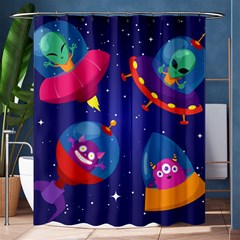 Cartoon Funny Aliens With Ufo Duck Starry Sky Set Shower Curtain 60  X 72  (medium)  by Vaneshart