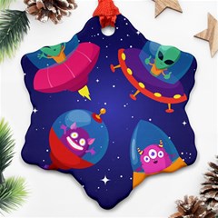 Cartoon Funny Aliens With Ufo Duck Starry Sky Set Snowflake Ornament (two Sides) by Vaneshart