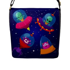 Cartoon Funny Aliens With Ufo Duck Starry Sky Set Flap Closure Messenger Bag (l) by Vaneshart