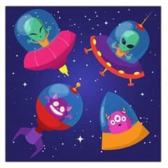 Cartoon Funny Aliens With Ufo Duck Starry Sky Set Large Satin Scarf (square) by Vaneshart