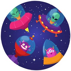 Cartoon Funny Aliens With Ufo Duck Starry Sky Set Wooden Puzzle Round by Vaneshart