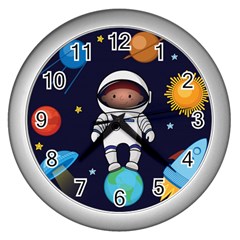 Boy Spaceman Space Rocket Ufo Planets Stars Wall Clock (silver) by Vaneshart