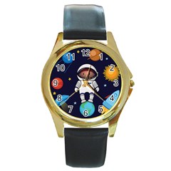 Boy Spaceman Space Rocket Ufo Planets Stars Round Gold Metal Watch by Vaneshart