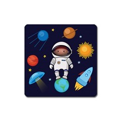 Boy Spaceman Space Rocket Ufo Planets Stars Square Magnet by Vaneshart