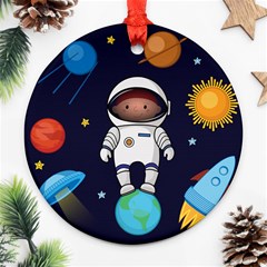 Boy Spaceman Space Rocket Ufo Planets Stars Round Ornament (two Sides) by Vaneshart