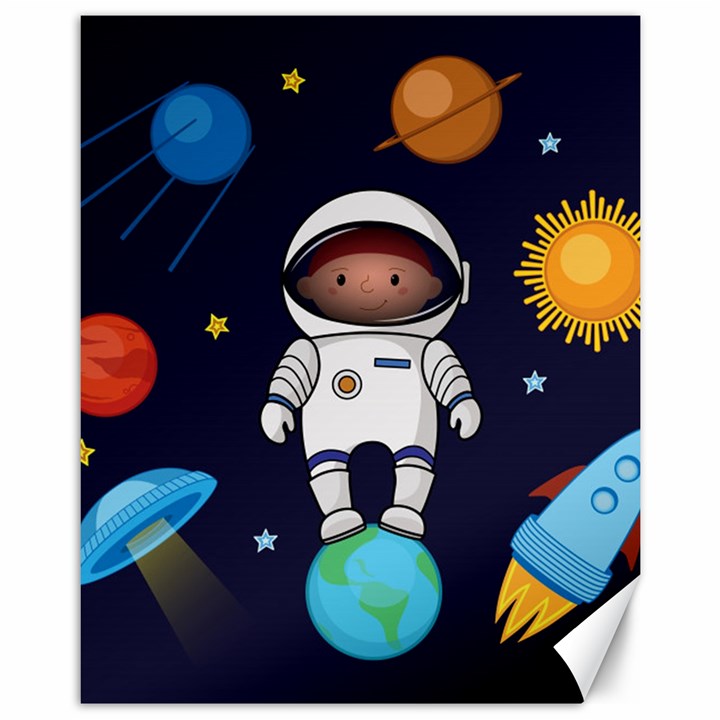 Boy Spaceman Space Rocket Ufo Planets Stars Canvas 11  x 14 