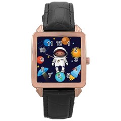 Boy Spaceman Space Rocket Ufo Planets Stars Rose Gold Leather Watch  by Vaneshart