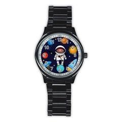 Boy Spaceman Space Rocket Ufo Planets Stars Stainless Steel Round Watch by Vaneshart