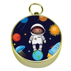 Boy Spaceman Space Rocket Ufo Planets Stars Gold Compasses by Vaneshart