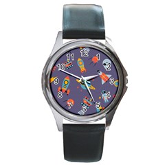 Space Seamless Pattern Round Metal Watch by Vaneshart