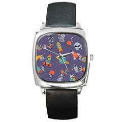 Space Seamless Pattern Square Metal Watch by Vaneshart