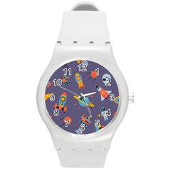 Space Seamless Pattern Round Plastic Sport Watch (m) by Vaneshart