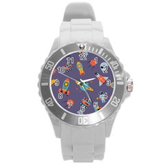 Space Seamless Pattern Round Plastic Sport Watch (l) by Vaneshart