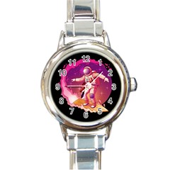 Astronaut Spacesuit Standing Surfboard Surfing Milky Way Stars Round Italian Charm Watch by Vaneshart