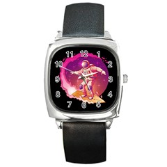 Astronaut Spacesuit Standing Surfboard Surfing Milky Way Stars Square Metal Watch by Vaneshart