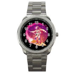 Astronaut Spacesuit Standing Surfboard Surfing Milky Way Stars Sport Metal Watch by Vaneshart