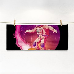 Astronaut Spacesuit Standing Surfboard Surfing Milky Way Stars Hand Towel by Vaneshart