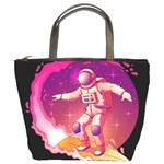 Astronaut Spacesuit Standing Surfboard Surfing Milky Way Stars Bucket Bag Front