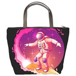 Astronaut Spacesuit Standing Surfboard Surfing Milky Way Stars Bucket Bag Back