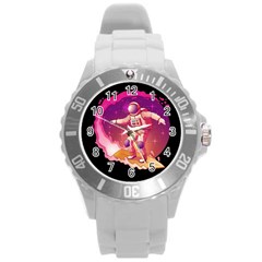 Astronaut Spacesuit Standing Surfboard Surfing Milky Way Stars Round Plastic Sport Watch (l) by Vaneshart