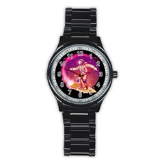 Astronaut Spacesuit Standing Surfboard Surfing Milky Way Stars Stainless Steel Round Watch by Vaneshart