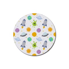 Seamless Pattern Cartoon Space Planets Isolated White Background Rubber Round Coaster (4 pack) 