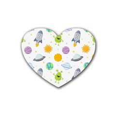 Seamless Pattern Cartoon Space Planets Isolated White Background Rubber Coaster (Heart) 